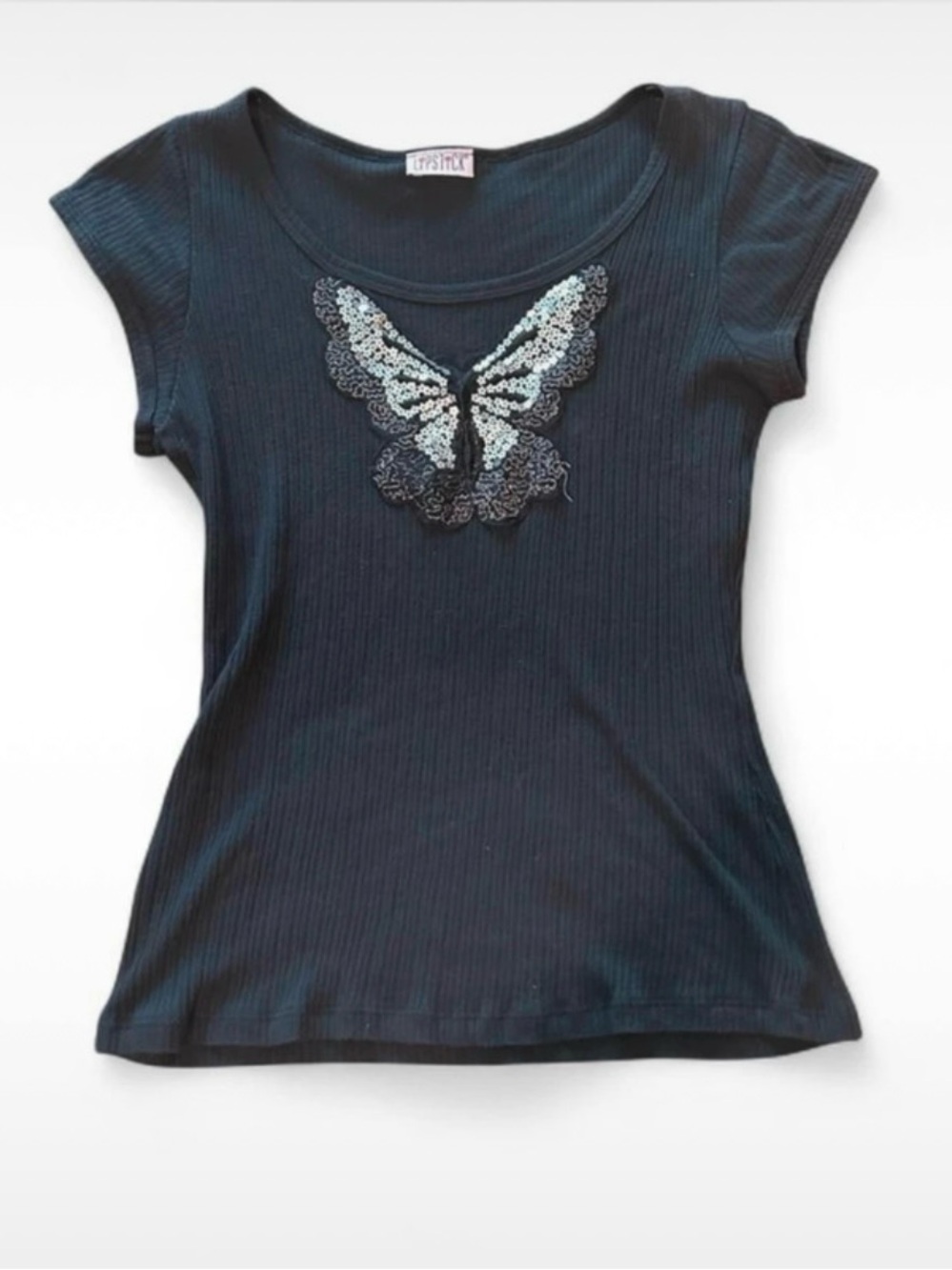 VTG y2k lipstick black and silver sequin butterfly t-shirt